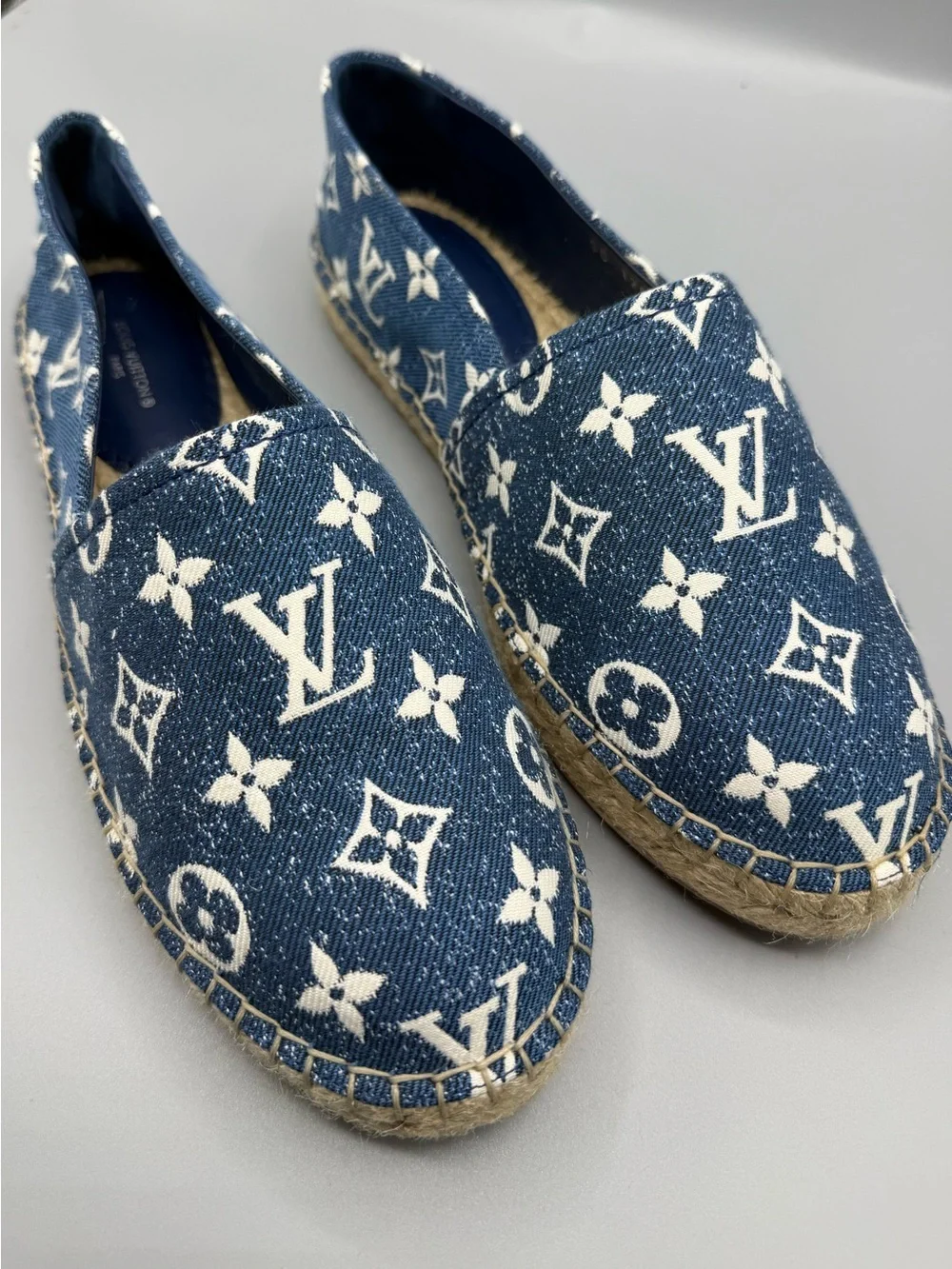Louis Vuitton Denim Monogram Espadrille Slip-Ons in Blue & White